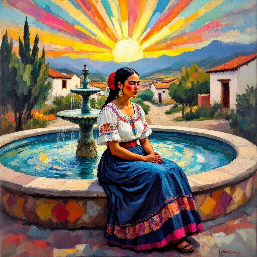 Mexican Woman on Fountain in Neo-Impressionist Style