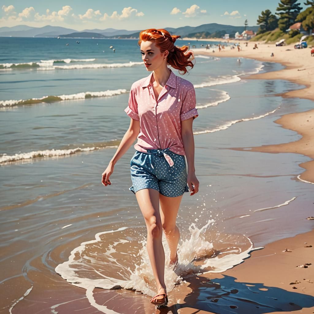 Retro Pin-Up Girl on Sunny Beach Illustration