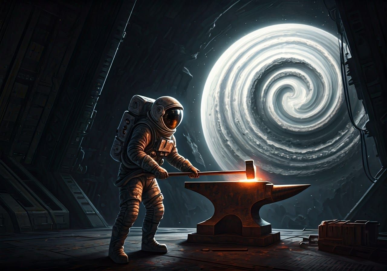 Astronaut Forging a Moon in Industrial Space Station