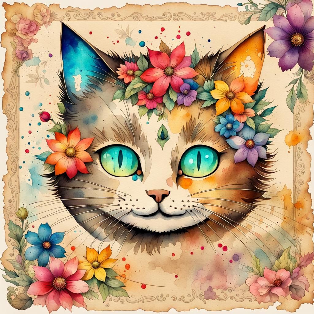 Floral Cat Face in Watercolor on Vintage Parchment