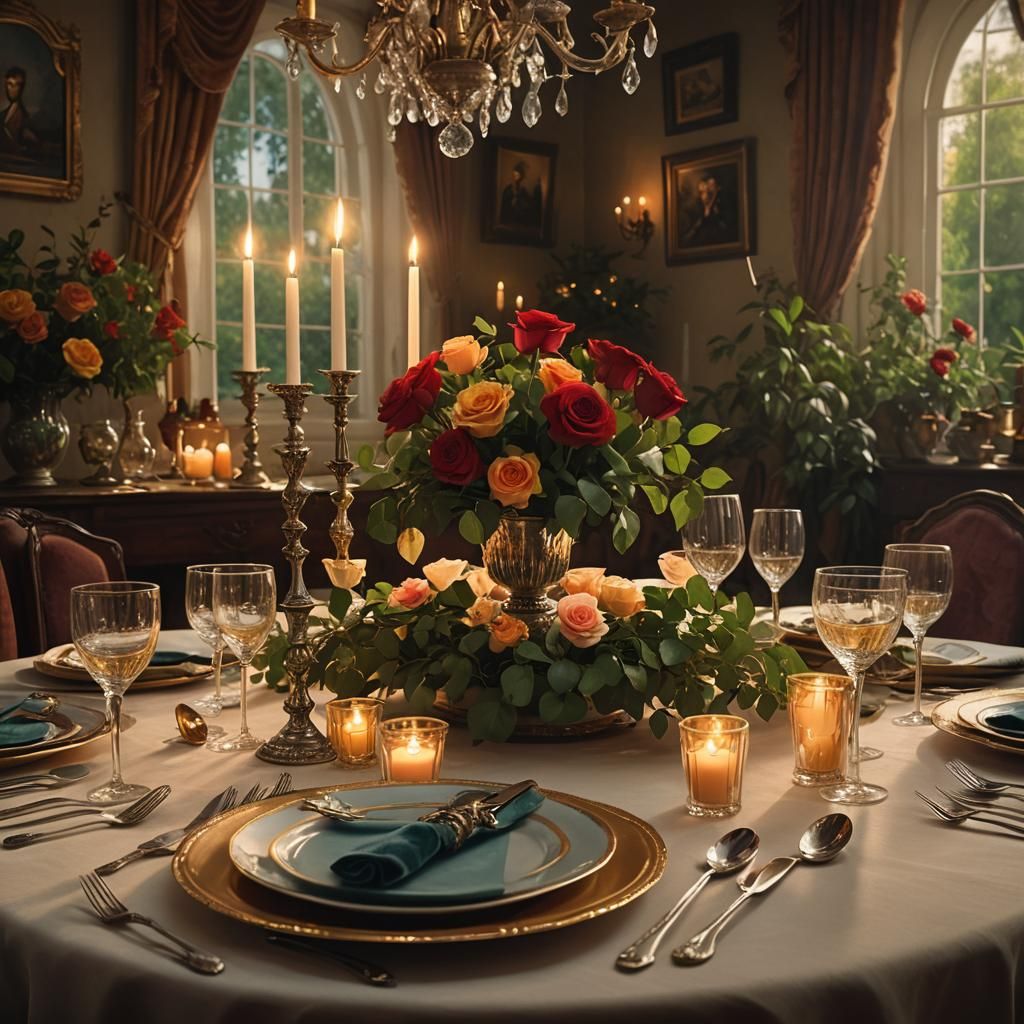 Romantic Candlelit Dinner in Oil Painting Style