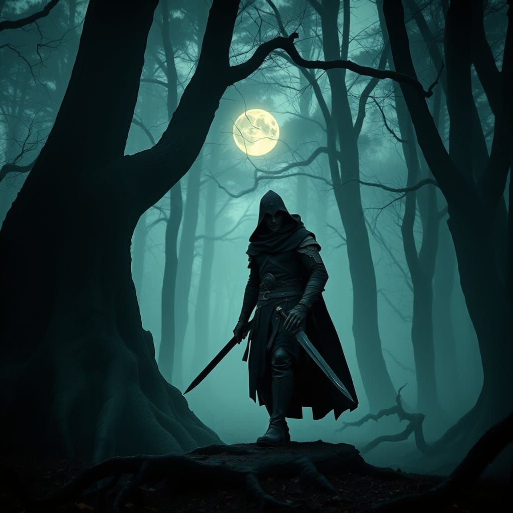 Medieval Woodland Warrior in Dark Fantasy Noir