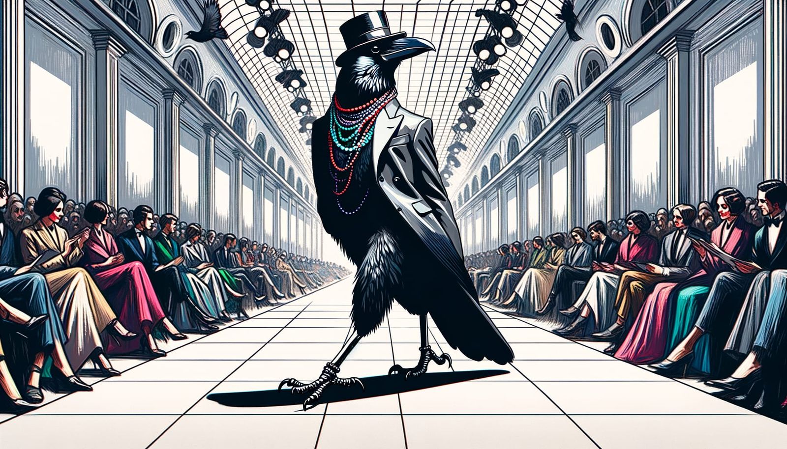 Elegant Crow Struts Runway in Fauvist Style