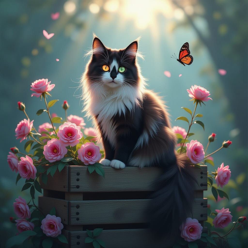 Ethereal Galaxy-Eyed Cat on Crate of Flowers