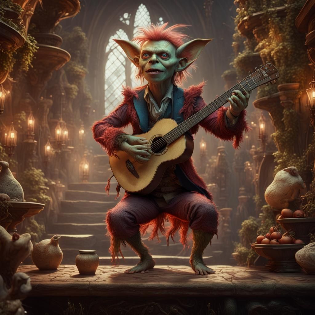 Goblin Bard in Tavern, Labyrinth-Inspired Digital Art