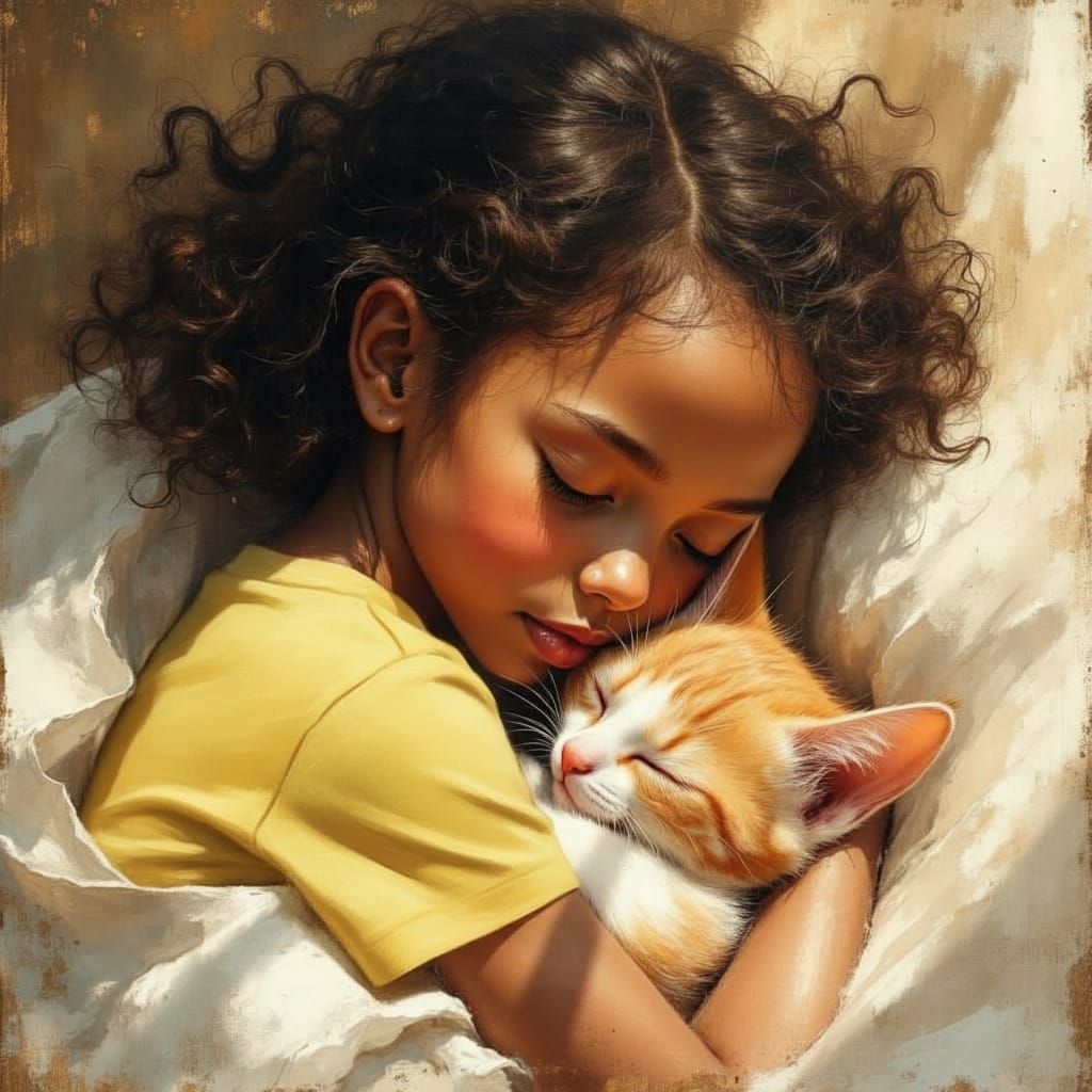 Cute Kitten and Girl Sleeping Peacefully in Oil Painting Sty...