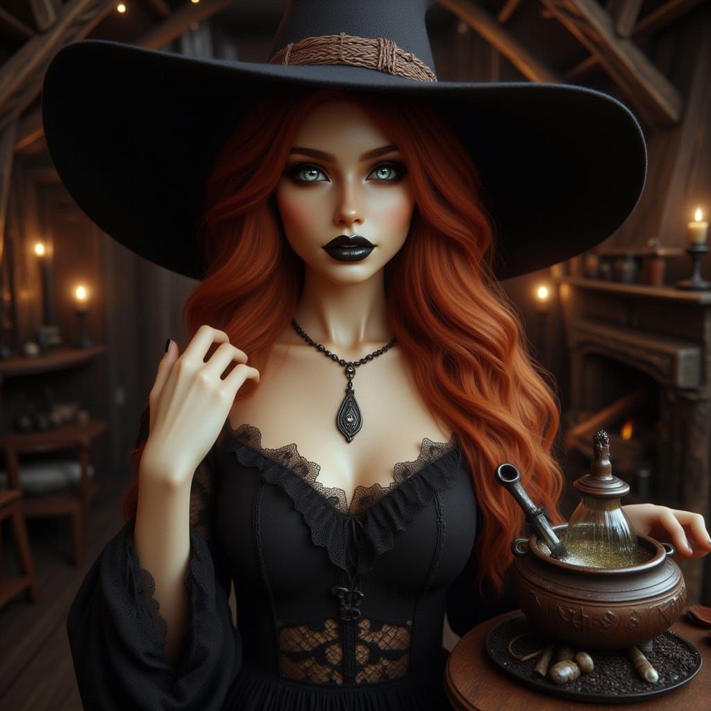 Auburn Haired Witch Stirring a Potion