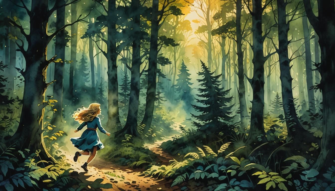 Goldilocks Runs Through Forest: Digital Watercolor Art