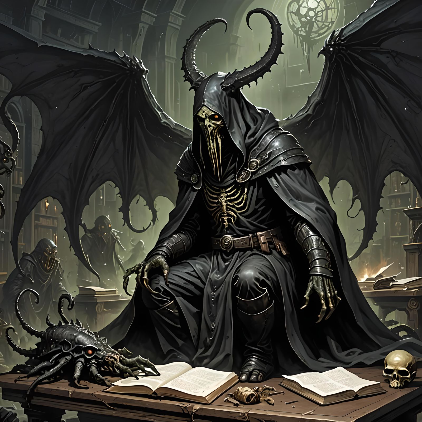 Lovecraftian Horned Cultist Studying Necromancy