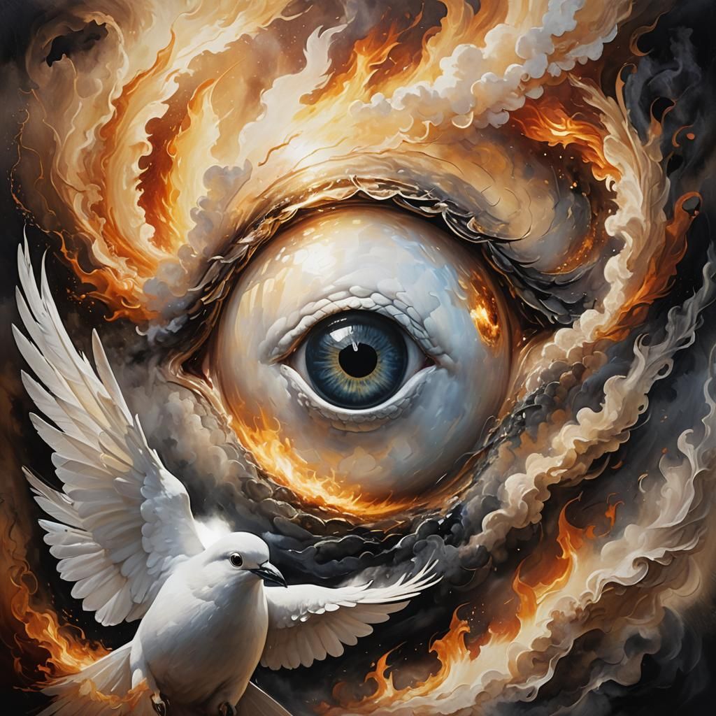 Surreal Eyeball Dreamscape with Dove in Abstract Style