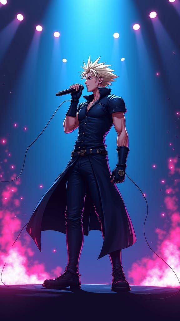 Cloud Strife Rock Concert in Sci-Fi Anime Style