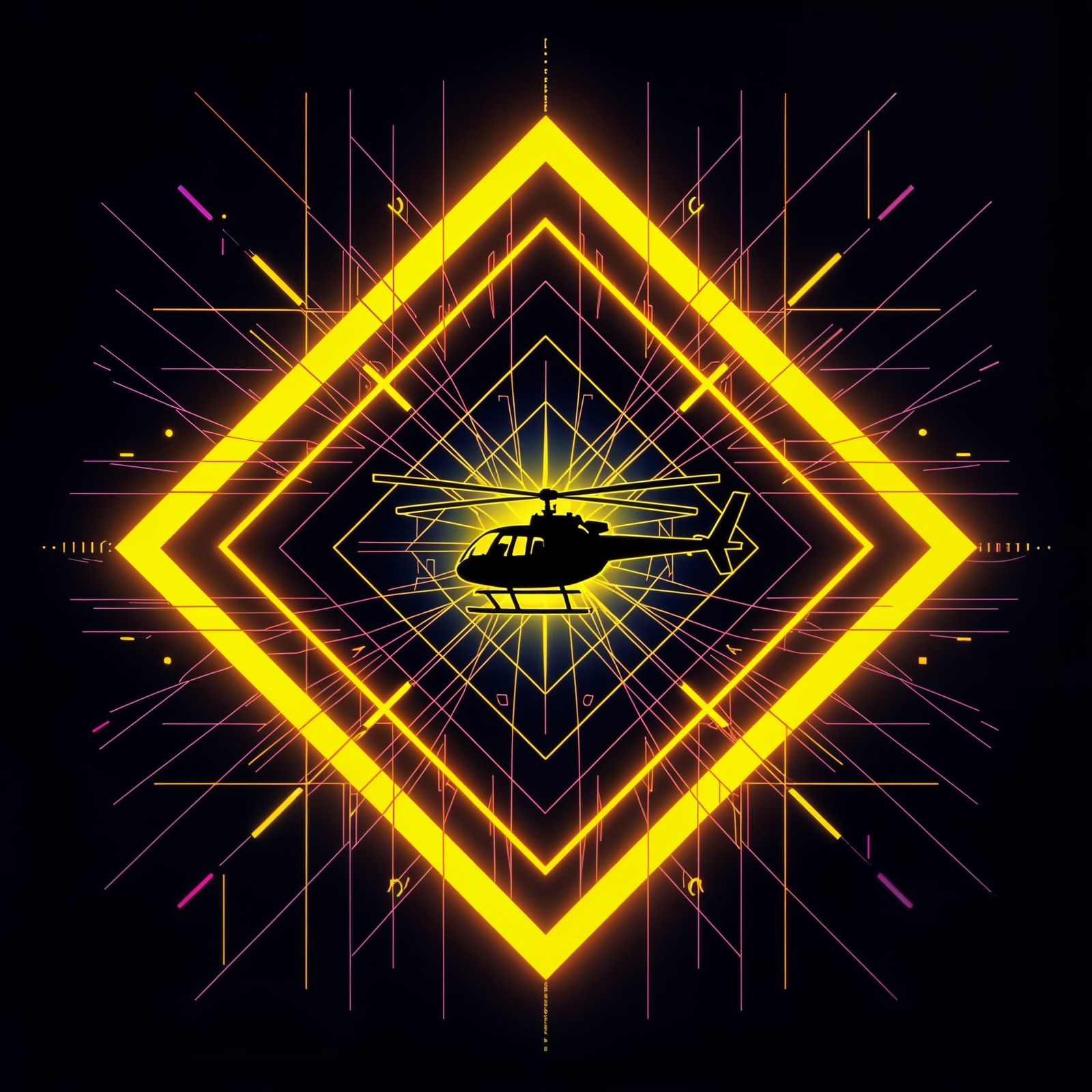 Neon Yellow Abstract Retrowave Lines with Helicopter Silhoue...