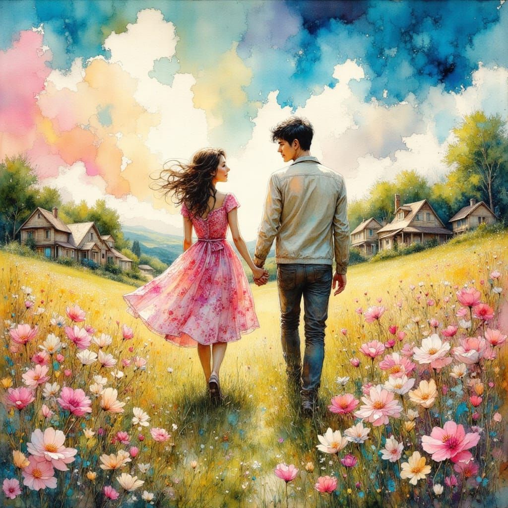 Romantic Couple Strolling Through Flower Field