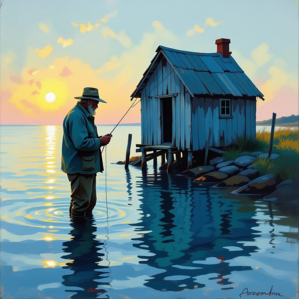 Impressionistic Old Man and Shack Seascape