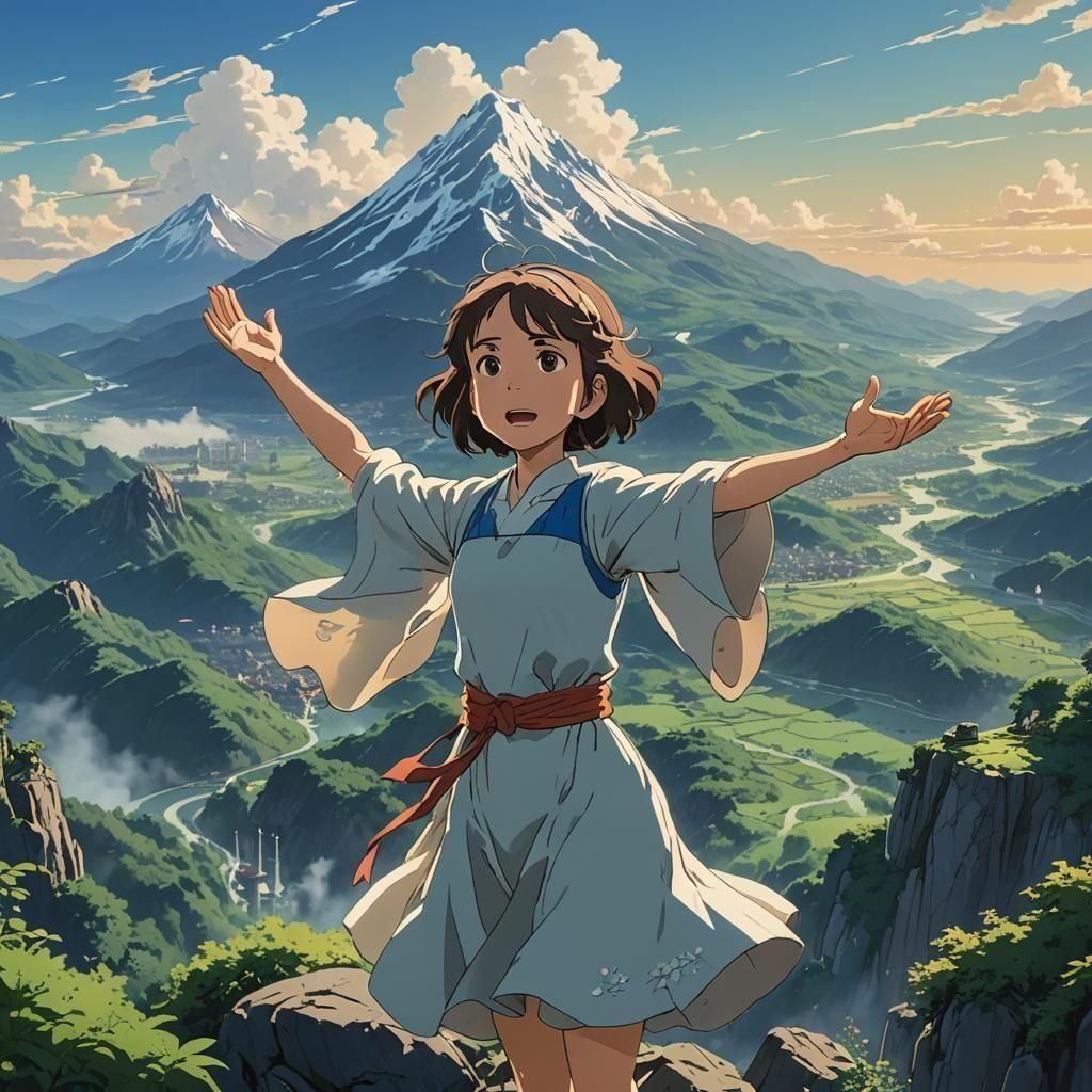 Anime Princess Embraces Mountain Range: Studio Ghibli Style