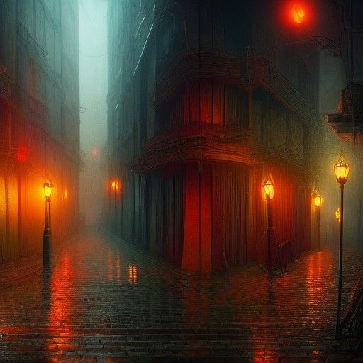 Dramatic Alley Scene: Bloody Dagger in Foggy Night