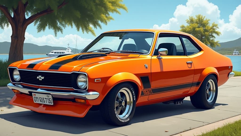 Chevrolet Holden Torana LJ GTR-Xu1, orange with black stripe vinyls, parked. 3D detailed perspective, airbrushed finish…