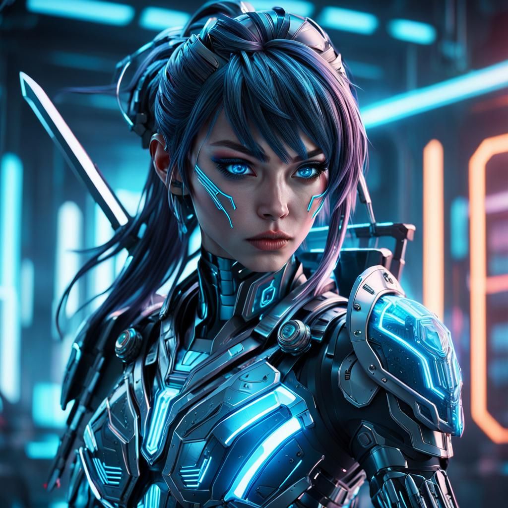 Sci-Fi Girl with Sword in Neon Lab: 3D Anime Art