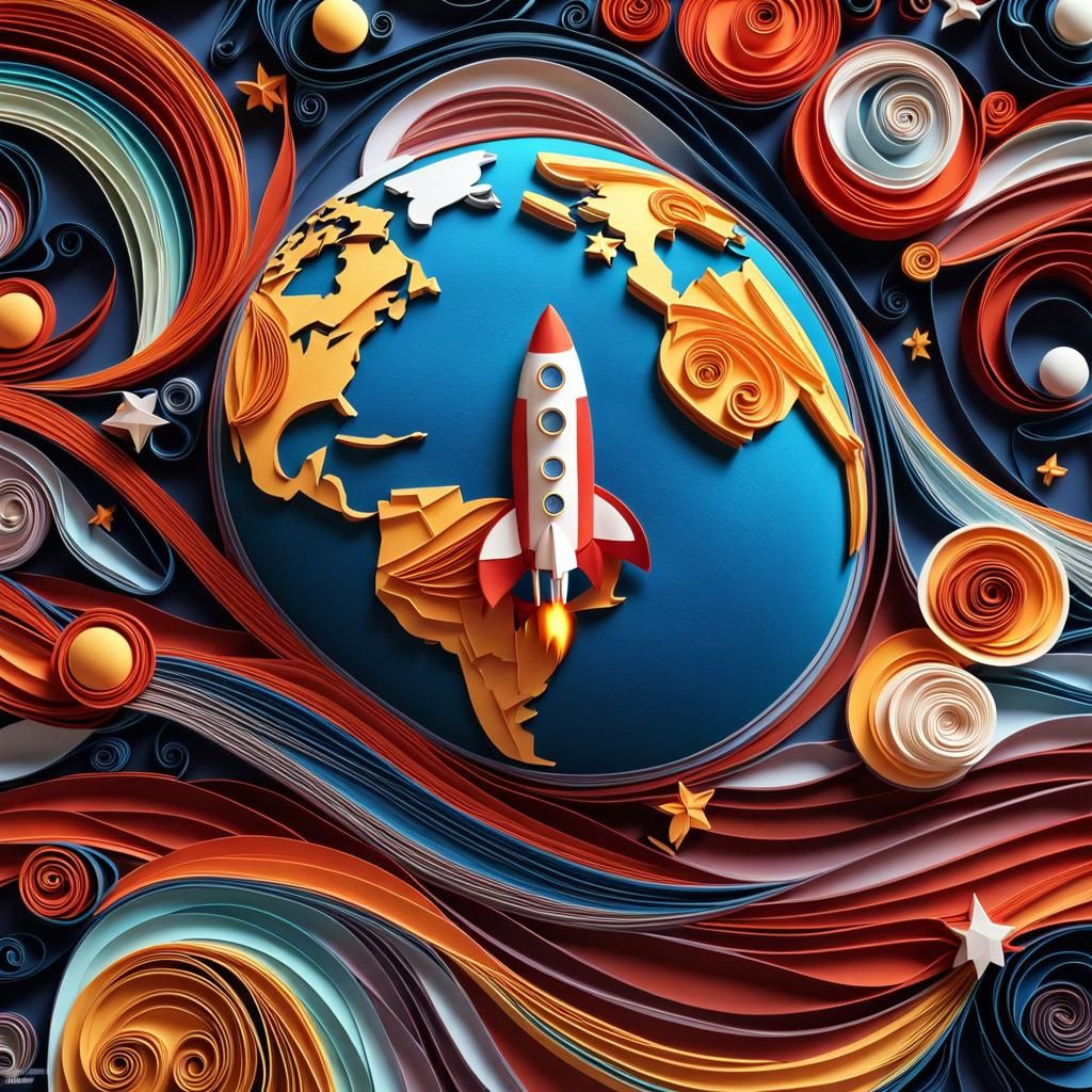 Papercraft Rocket Orbits Earth: Quilling Style