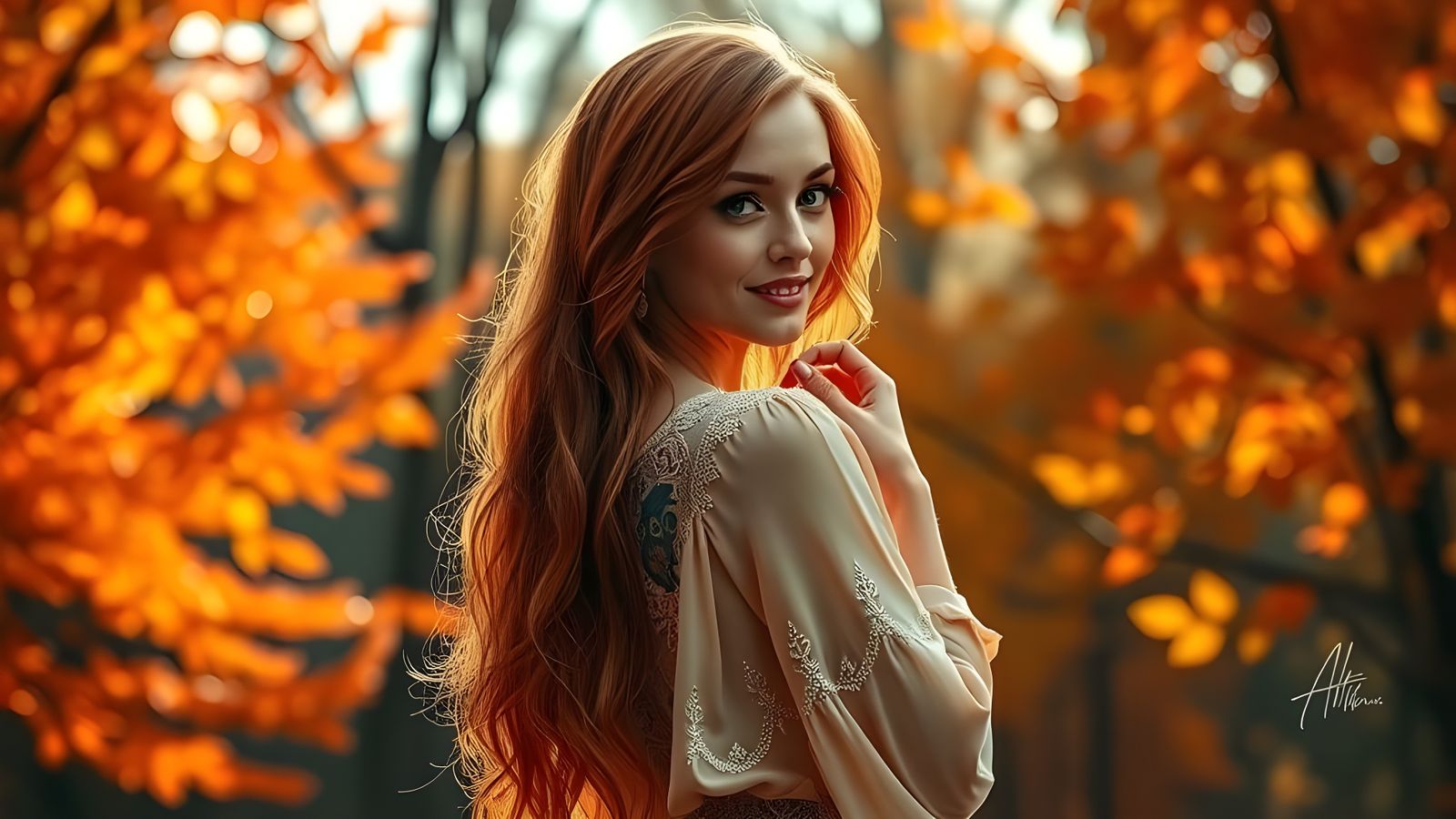 Graceful Tattoo Artist in Autumn Landscape