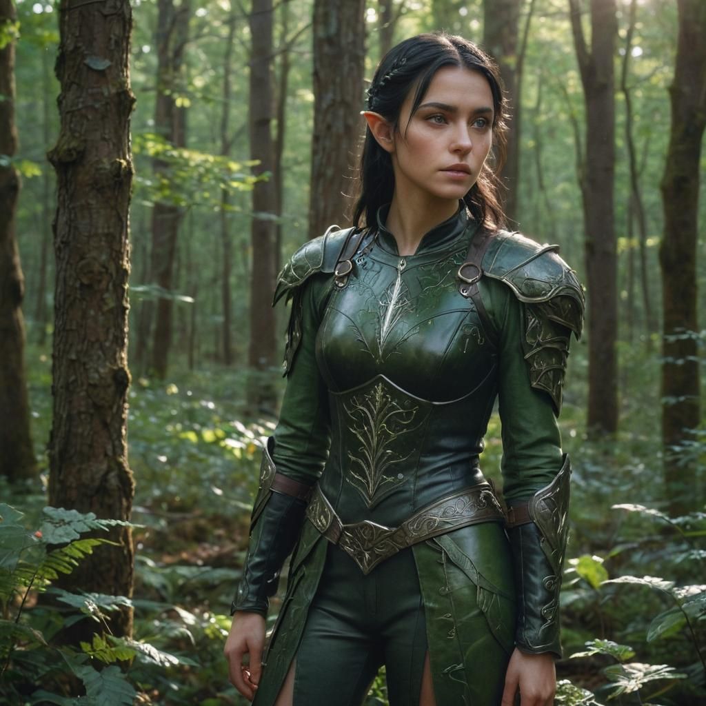 Hyperrealistic Elf Woman in Forest, Cinematic Lighting