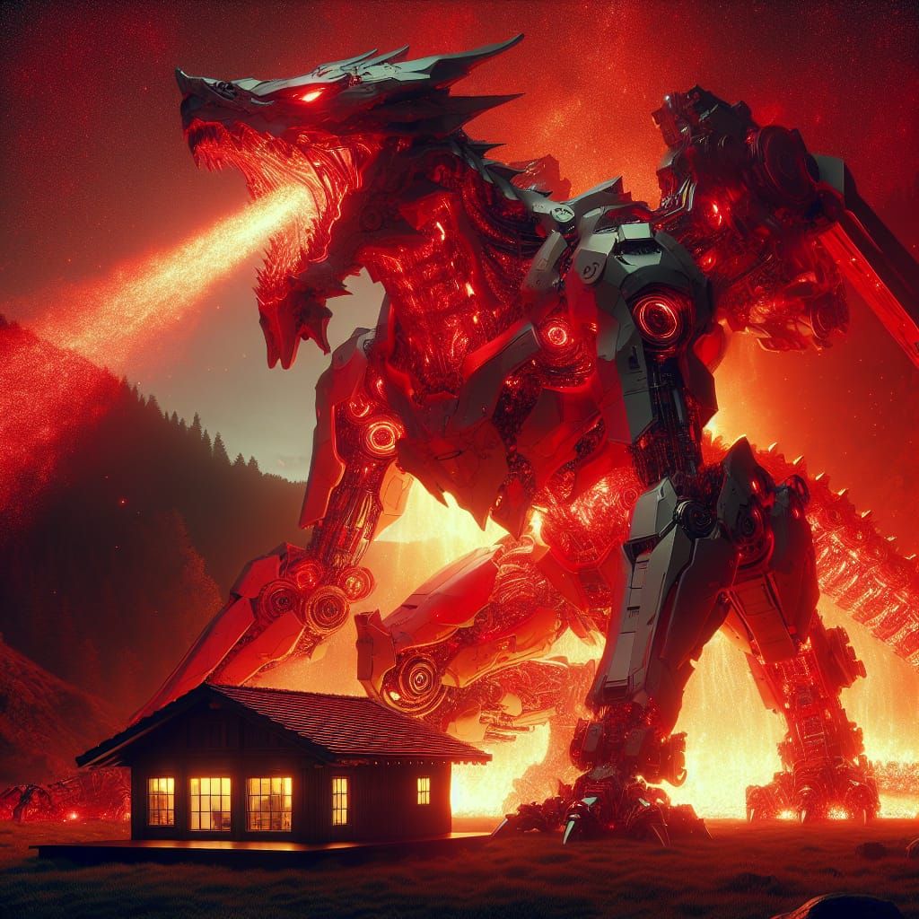 Red Robotic Dragon Attacks Country House