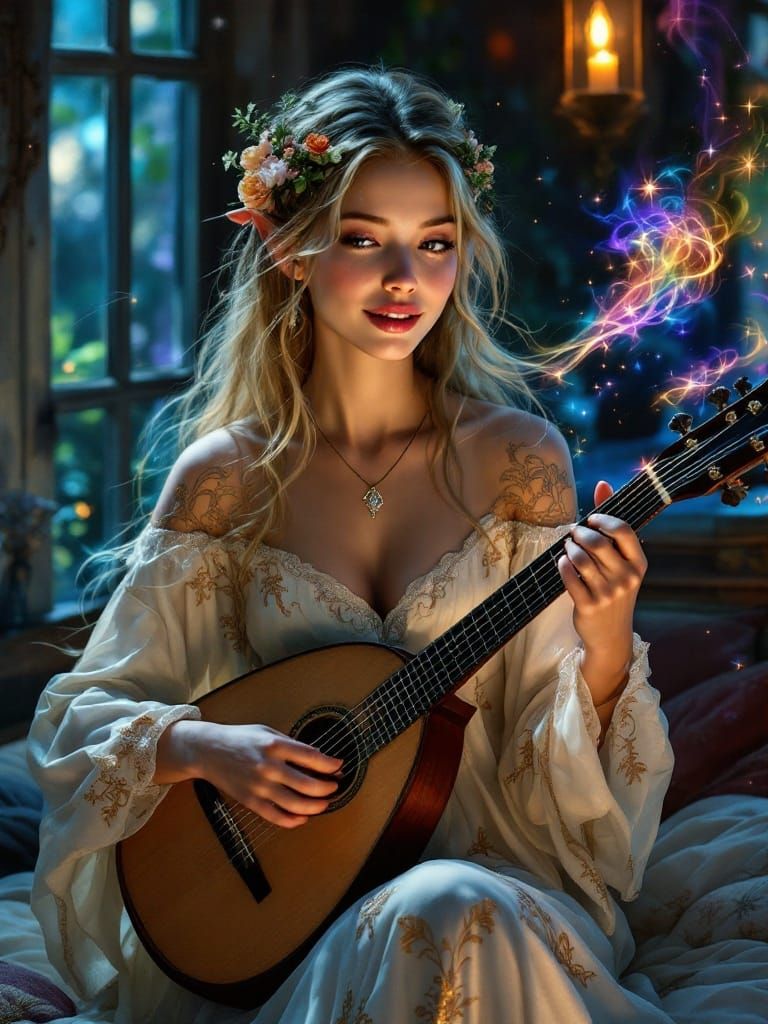 Ethereal Elf Bard in Whimsical Tavern Bedroom