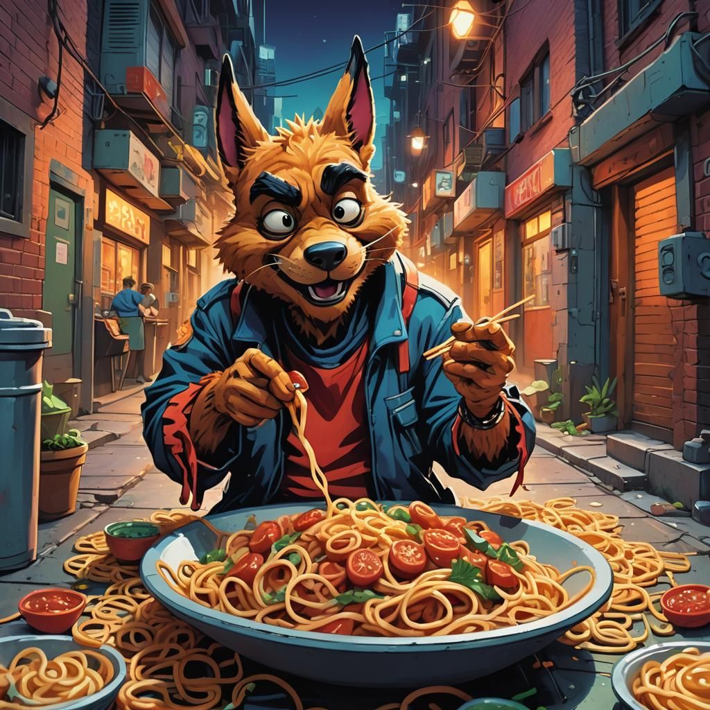 Bebop's Futuristic Spaghetti Lunch: A Whimsical Cartoon