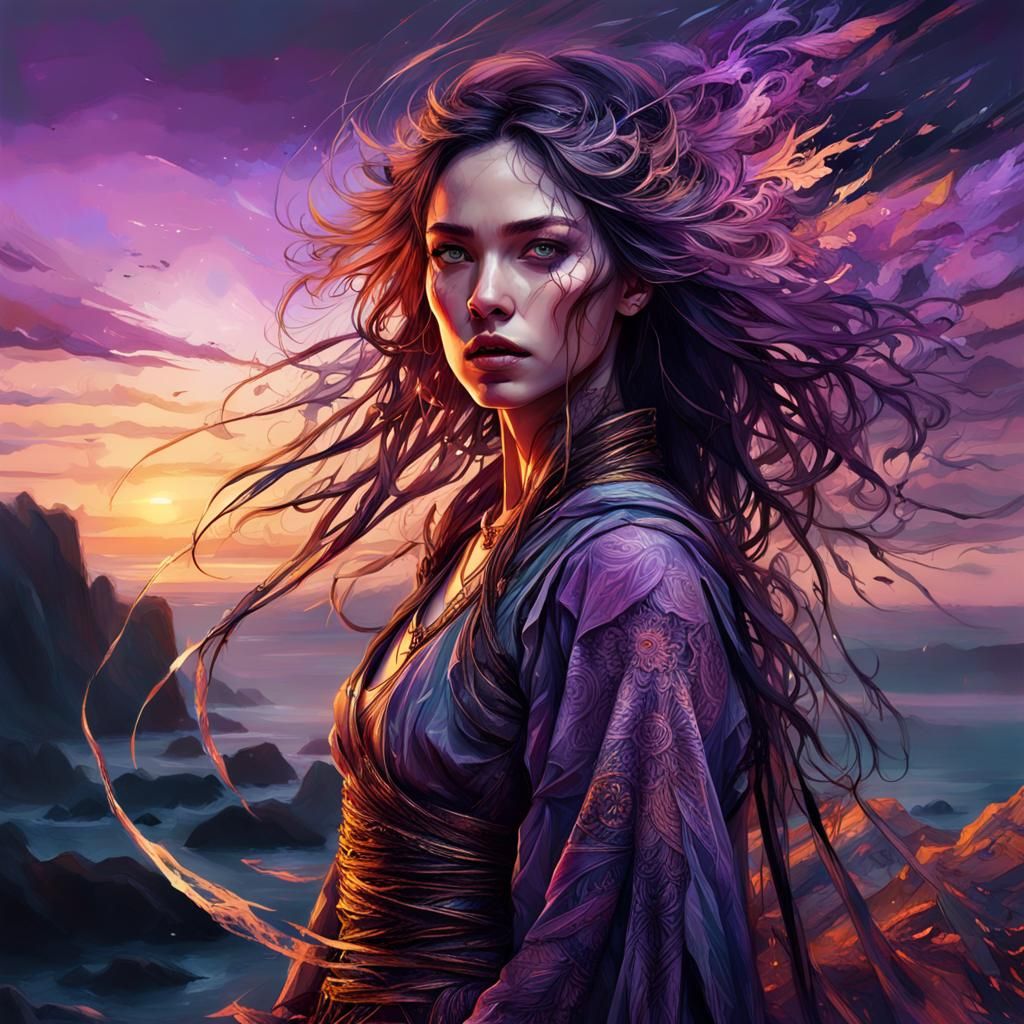 Fantasy Woman in Purple Sunset: Digital Illustration