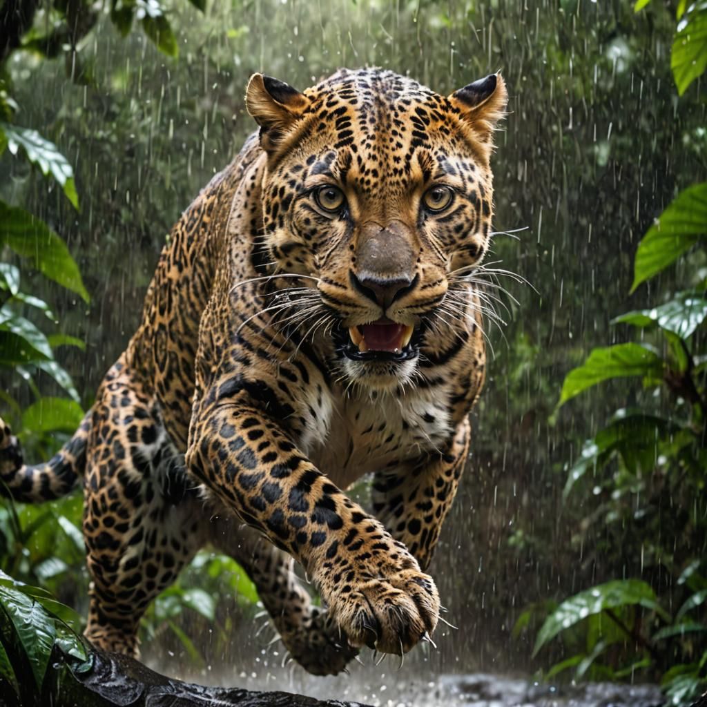 Leopard Leaping in Rainforest: Realistic Photography