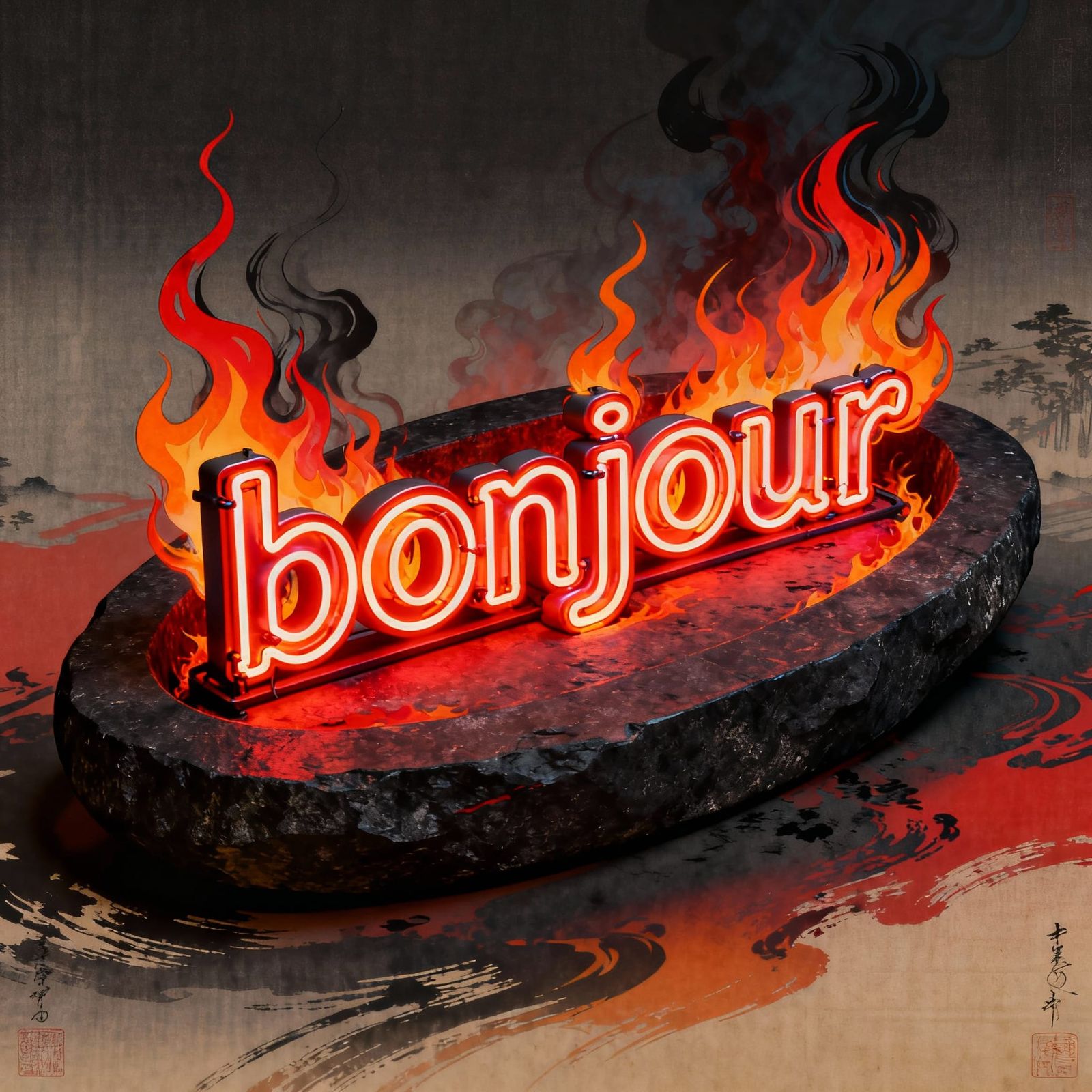 Bonjour Neon Sign Glowing Fiery Red and Orange