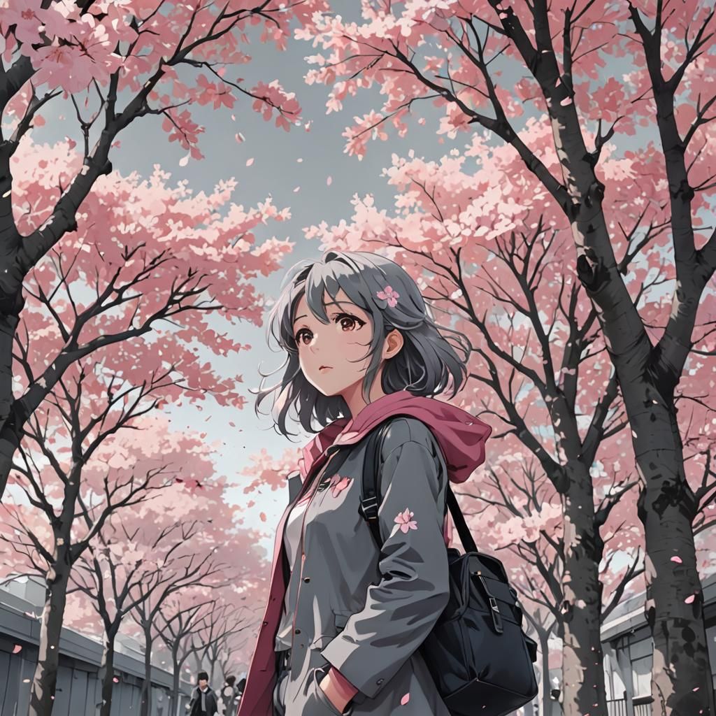 Anime Style Cherry Blossoms with Falling Leaves