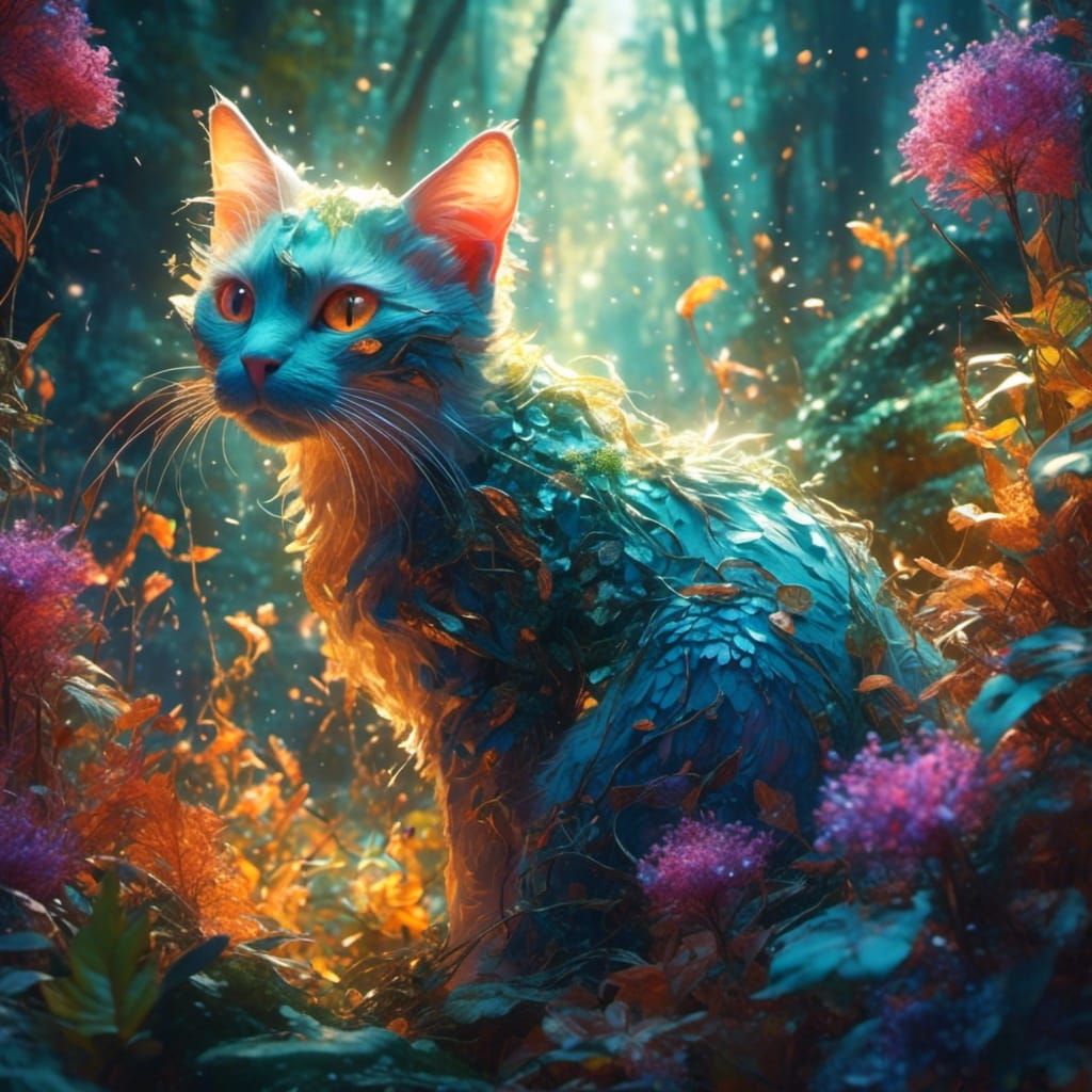 Dragon Cat in Bioluminescent Forest, Hyperrealistic Art