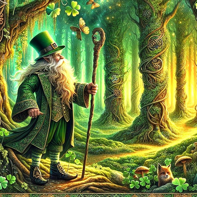 a Celtic leprechaun in a lush, enchanted forest, inspired by Celtic legends.