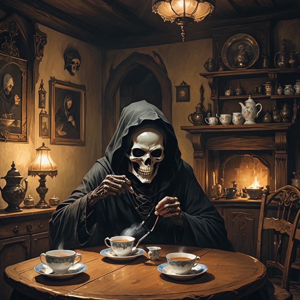 Grim Reaper's Tea Party in Dark Fantasy Style