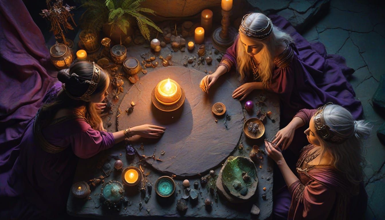 Magical Women with Ancient Tools in Psychedelic Style