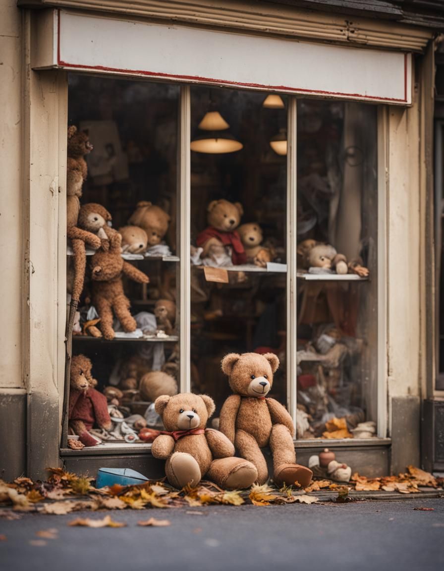 Abandoned Toyshop Window Display in Autumn Light