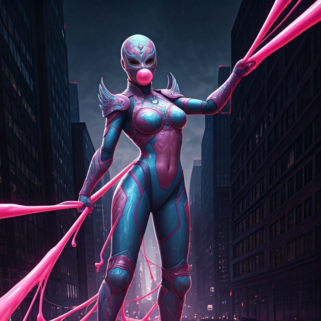 Vibrant Bubblegum Heroine Swoops Through City Skies