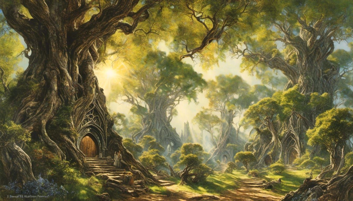 Elven City in Giant Trees, Golden Sunlight