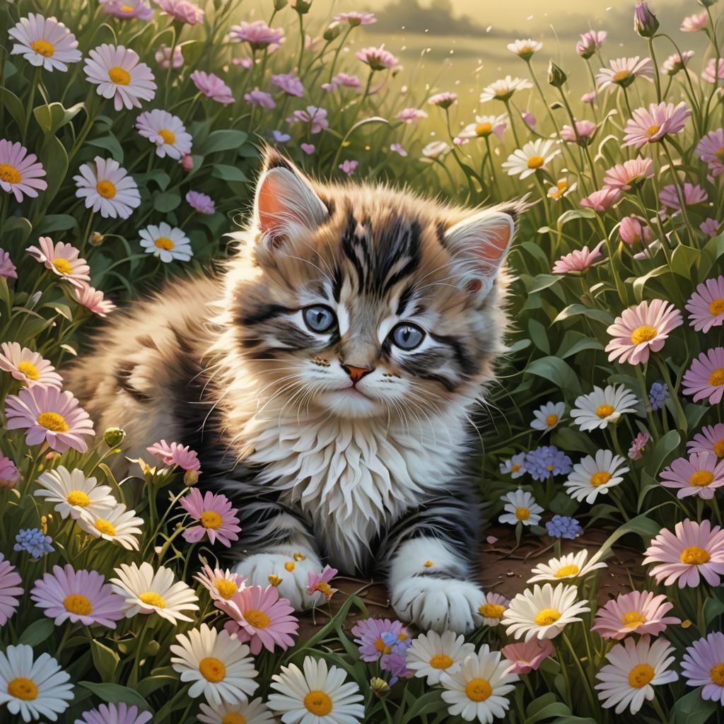 Cute Kitten Sleeping on Flowers in Dawn Light