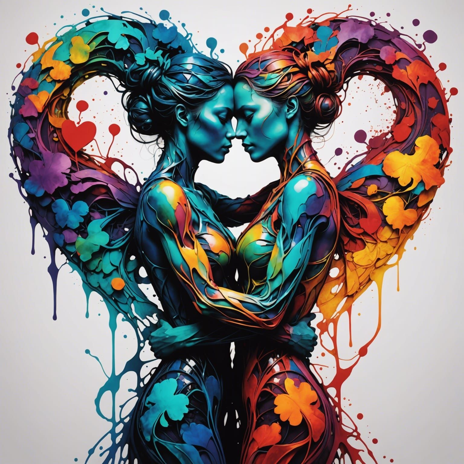 Loving Female Couple Embrace in Inkblot Style