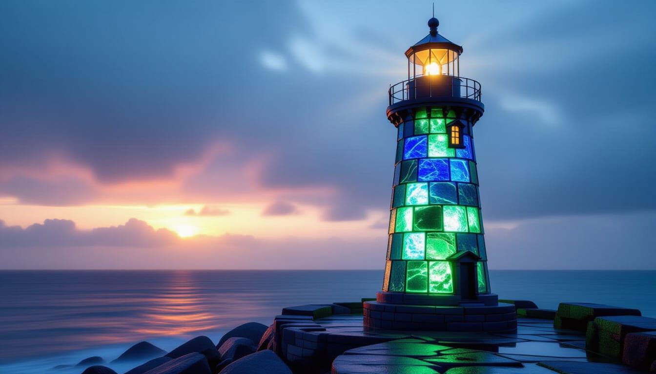 Glowing Sea Glass Lighthouse in Moody Cinematic Light
