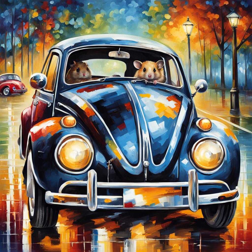 Vibrant Pop Art Hamster Cruises in a VW Beetle