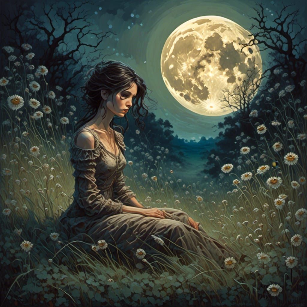 Sad Brunette Under Moonlight: Oil Painting