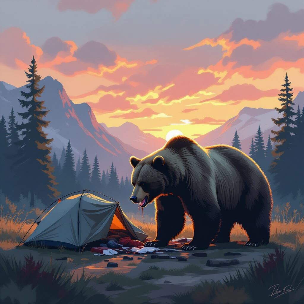 Grizzly Bear Devouring Tent in Wilderness