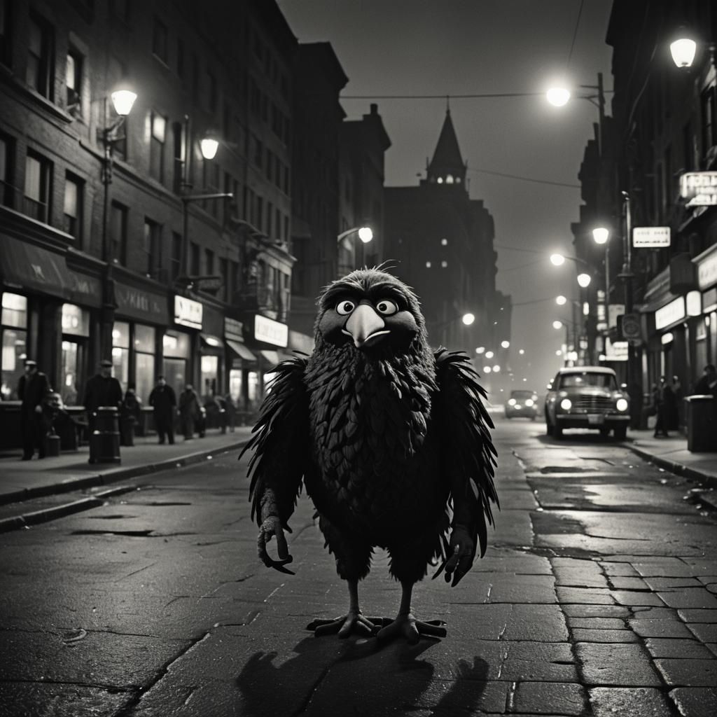Big Bird in Suspenseful Film Noir Scene