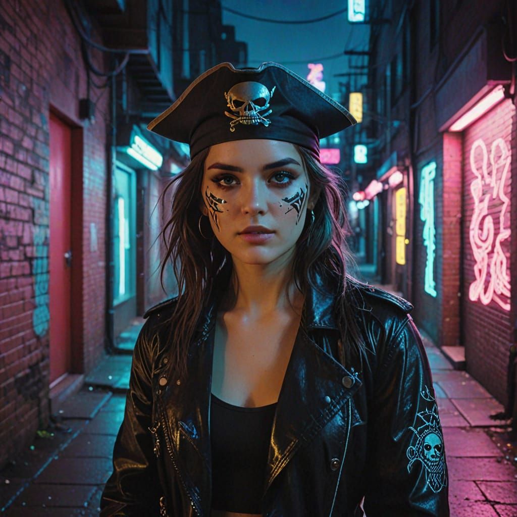 Bioluminescent Pirate in Vaporwave Neon Alleyway