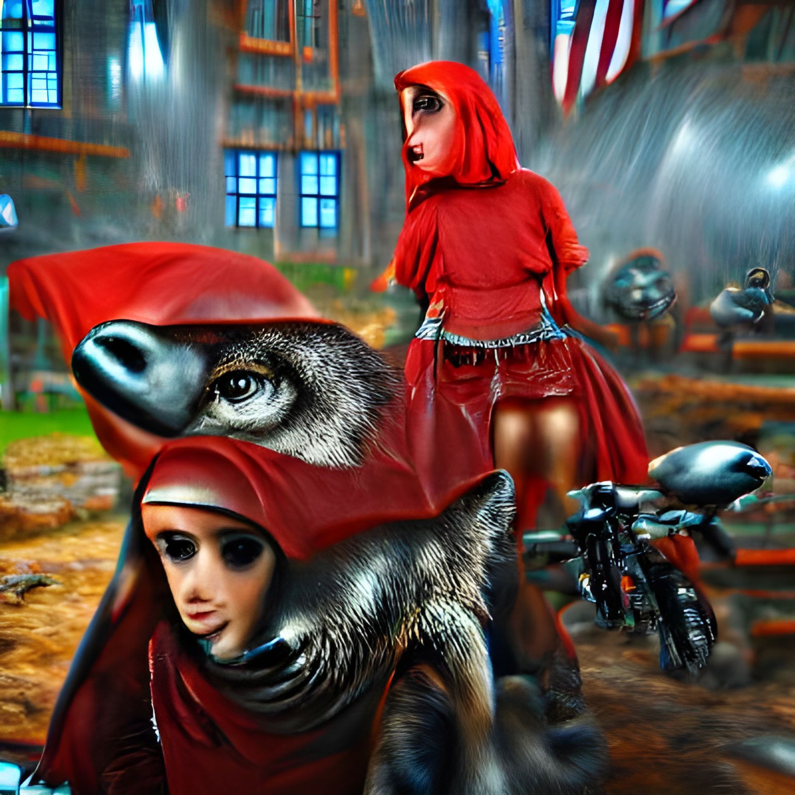 Gothic Dystopian Little Red Riding Hood in Steampunk Style