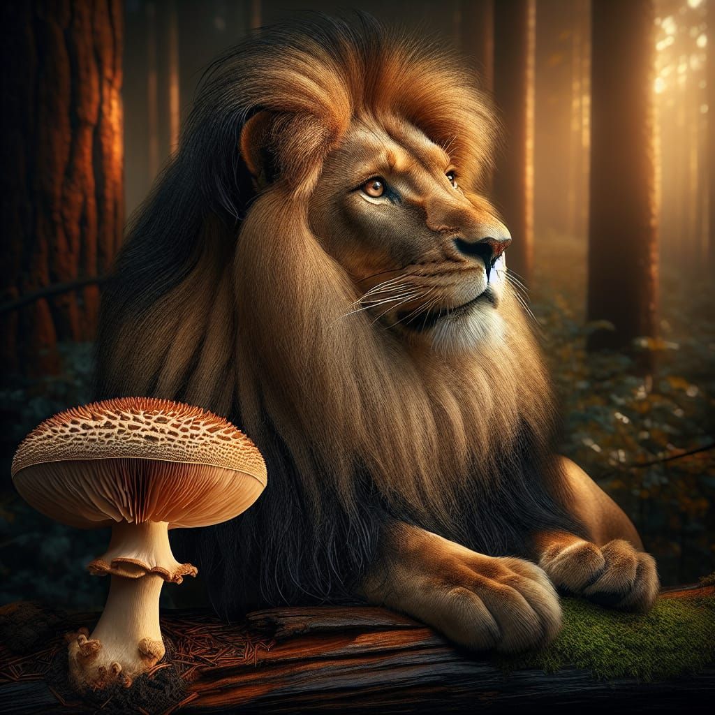 Majestic Lion and Mushroom in Hyperrealistic HDR Photo