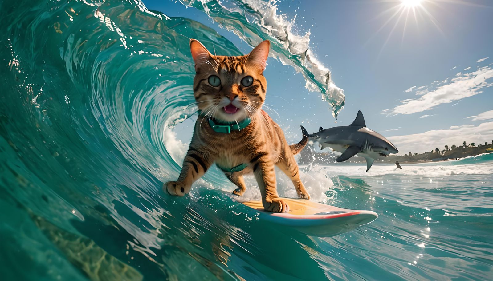 Cat Surfing a Wave with Shark: Professional Photo